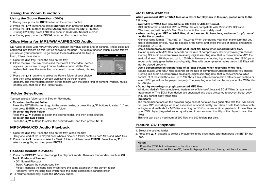 Samsung AK68-01906A Using the Zoom Function, Clips Menu for MP3/WMA/JPEG/CD Audio, Folder Selections, Picture CD Playback 