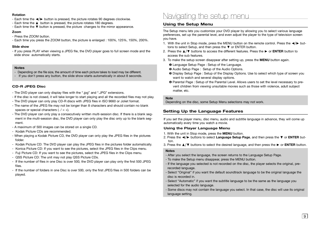 Samsung AH68-02062R, AK68-01906A Navigating the setup menu, Using the Setup Menu, Setting Up the Language Features 