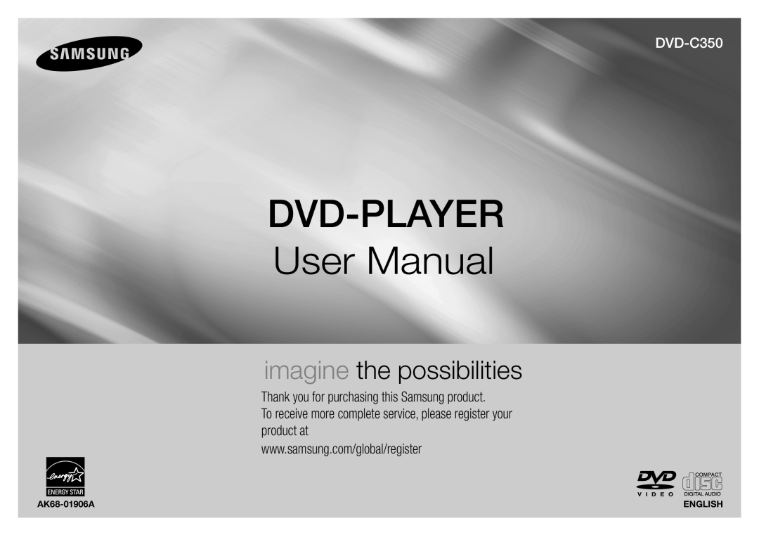 Samsung AH68-02062R user manual AK68-01906A, DVD-PLAYER User Manual, imagine the possibilities, DVD-C350 