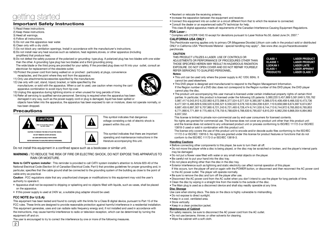 Samsung AK68-01906A, AH68-02062R user manual getting started, Important Safety Instructions, Precautions 