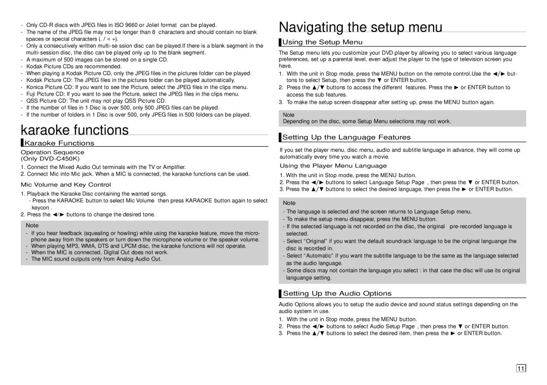 Samsung AK68-01907A user manual Karaoke functions, Navigating the setup menu 