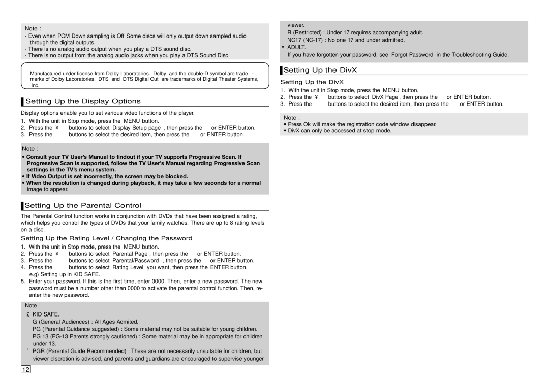 Samsung AK68-01907A user manual Setting Up the Display Options, Setting Up the Parental Control, Setting Up the DivX 