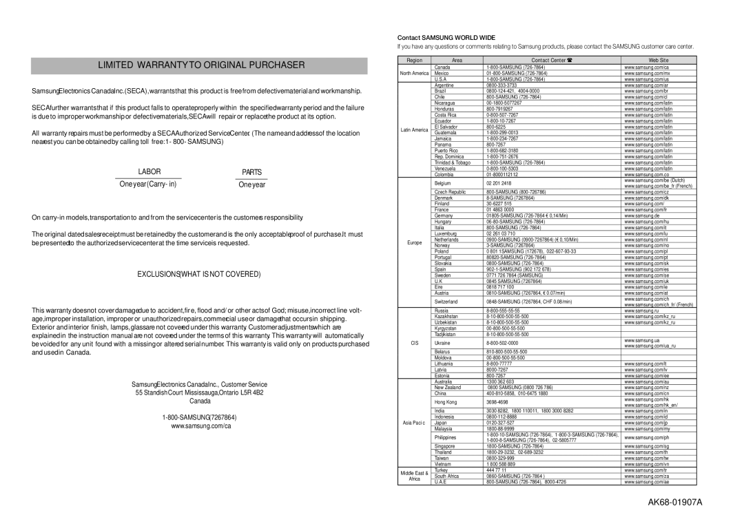 Samsung AK68-01907A user manual Limited Warranty to Original Purchaser 