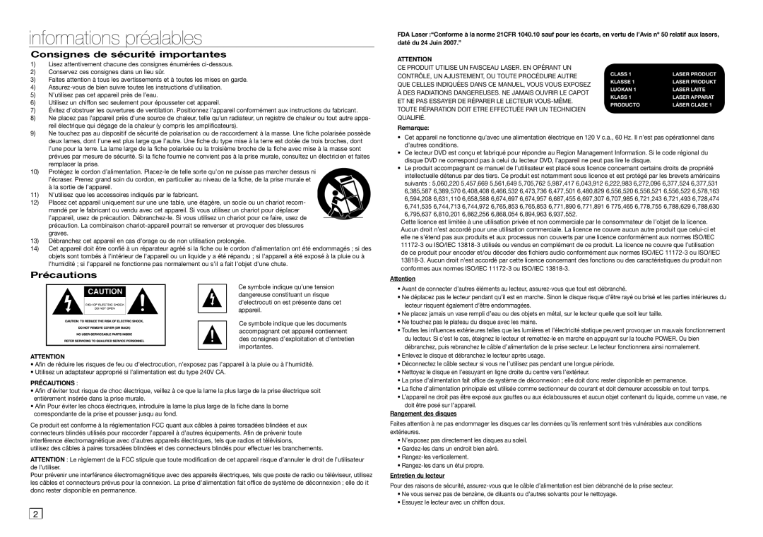 Samsung AK68-01907A user manual Informations préalables, Consignes de sécurité importantes, Précautions 