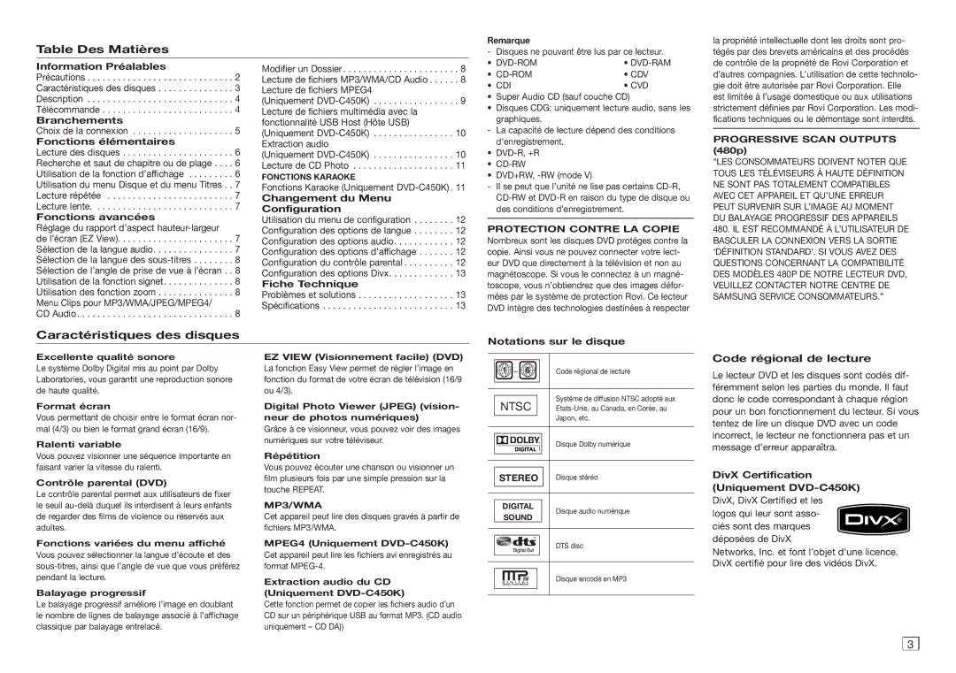 Samsung AK68-01907A Table Des Matières, Caractéristiques des disques, Code régional de lecture, Protection Contre LA Copie 