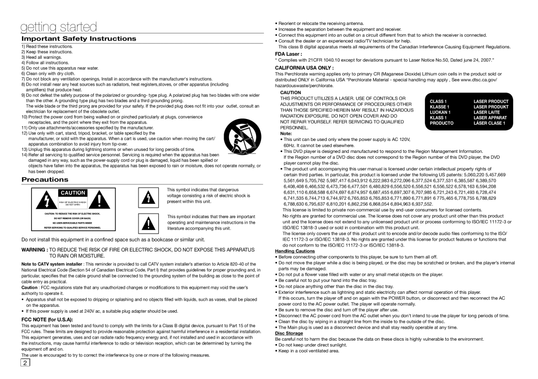 Samsung AK68-01907A user manual Getting started, Important Safety Instructions, Precautions, California Usa Only 