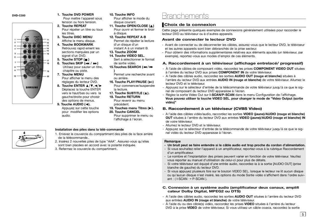 Samsung AK68-01907A user manual Branchements, Choix de la connexion, Avant de connecter le lecteur DVD, Remarque 