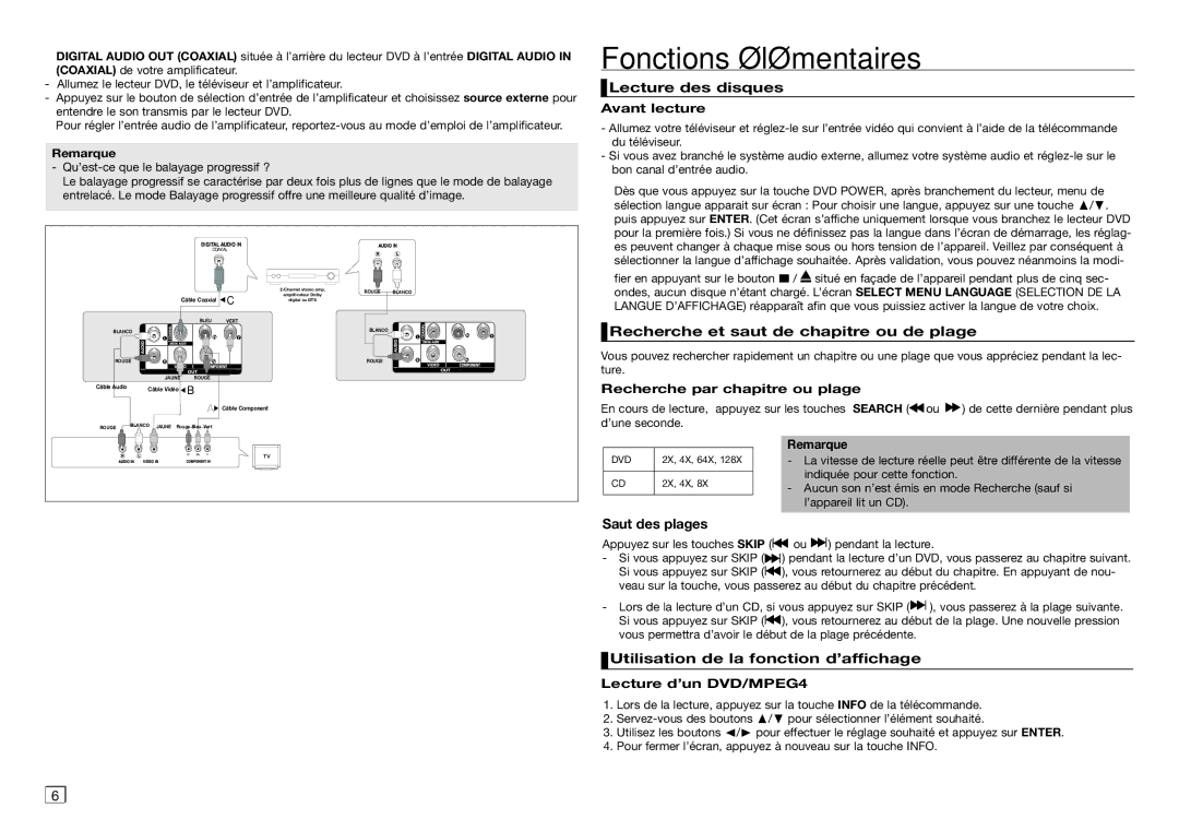 Samsung AK68-01907A Fonctions élémentaires, Lecture des disques Avant lecture, Recherche et saut de chapitre ou de plage 