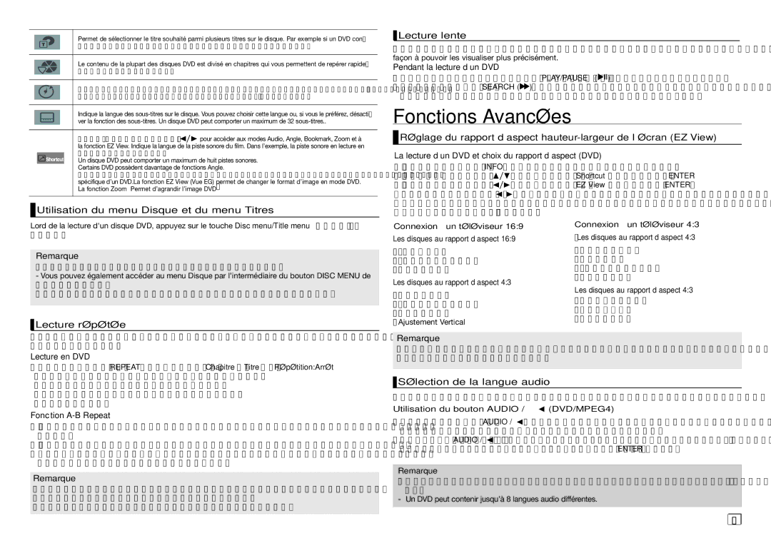 Samsung AK68-01907A user manual Fonctions Avancées 