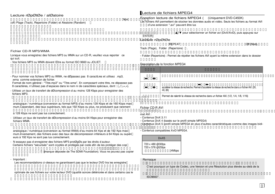 Samsung AK68-01907A user manual Lecture répétée / aléatoire, Description de la fonction MPEG4, Fichier CD-R AVI, Enter 