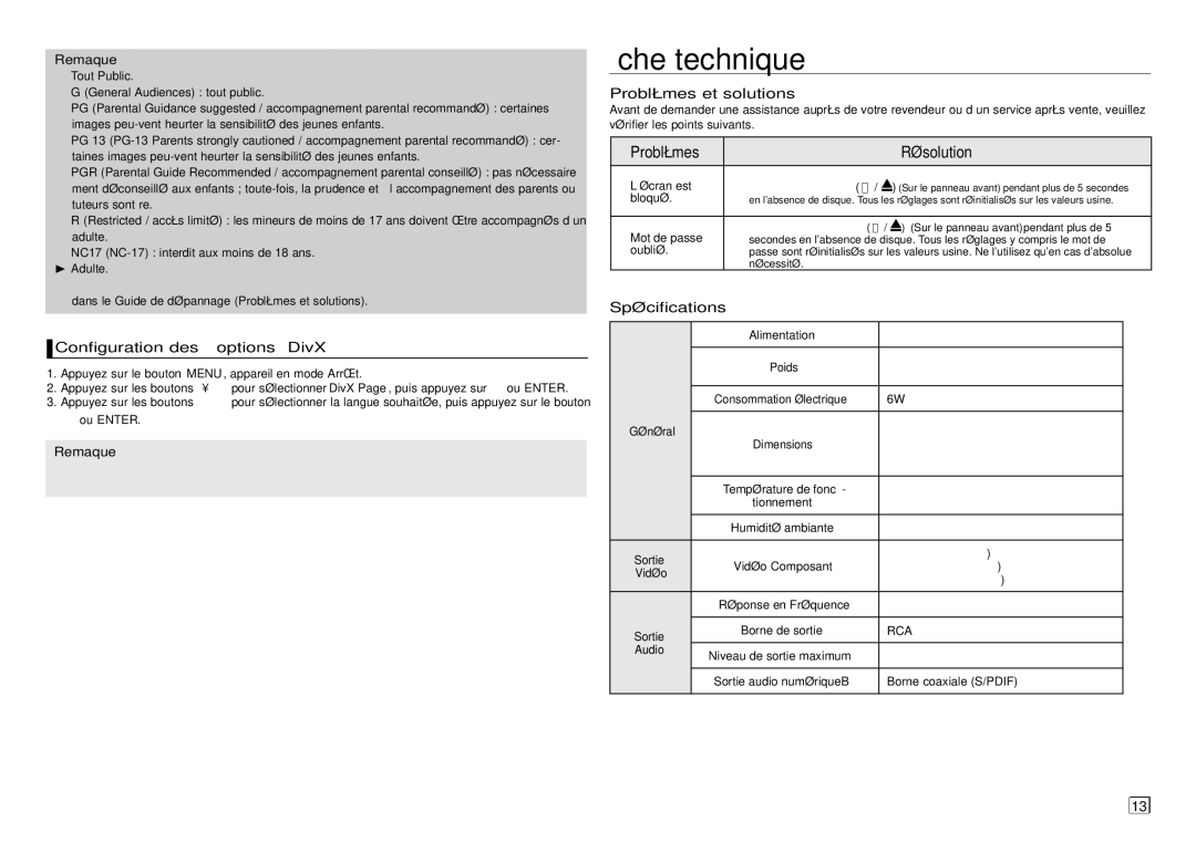 Samsung AK68-01907A user manual Fiche technique, Configuration des options DivX, Problèmes et solutions, Spécifications 