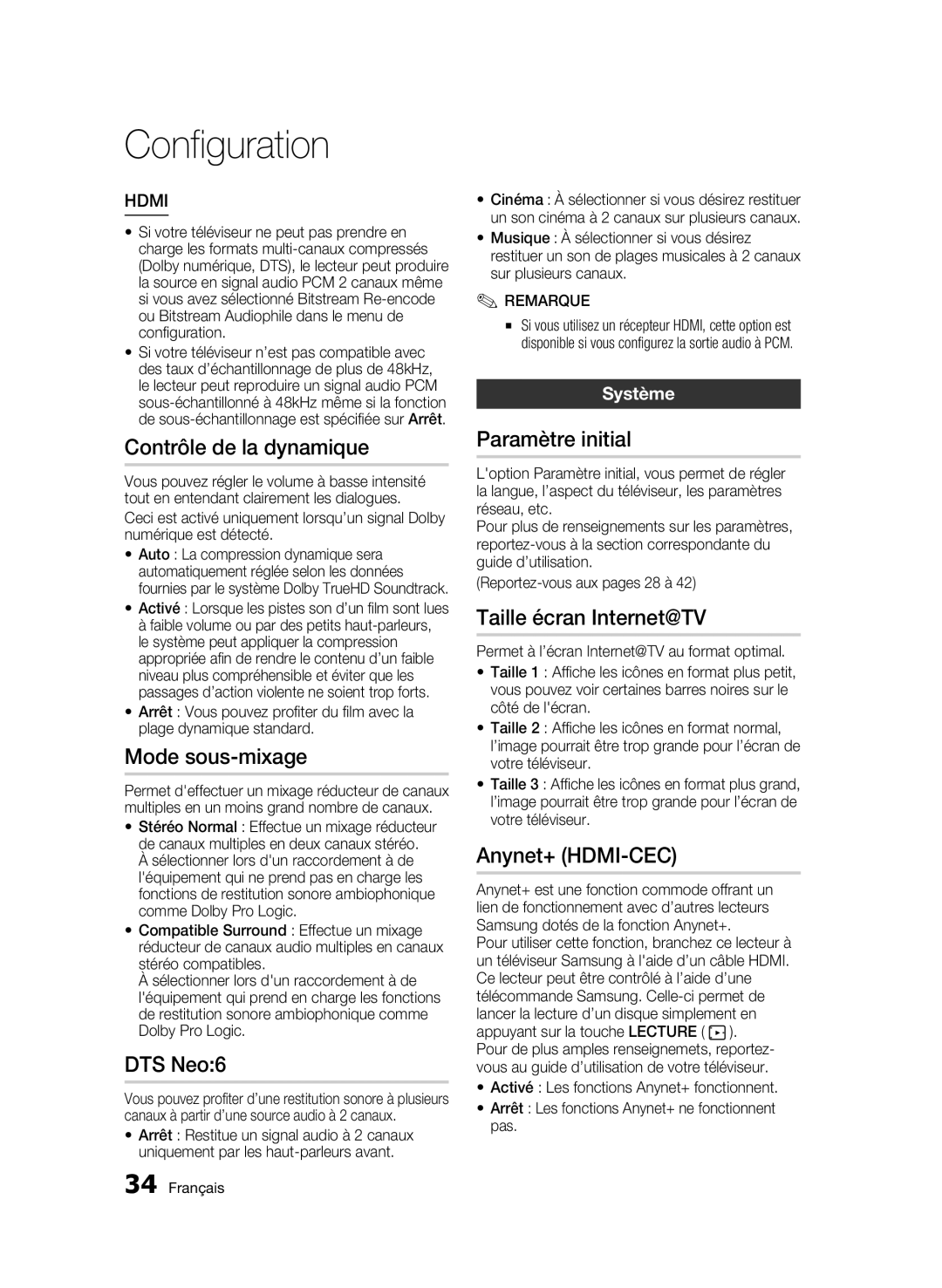 Samsung AK68-01942G-00 user manual Contrôle de la dynamique, Mode sous-mixage, Paramètre initial, Taille écran Internet@TV 