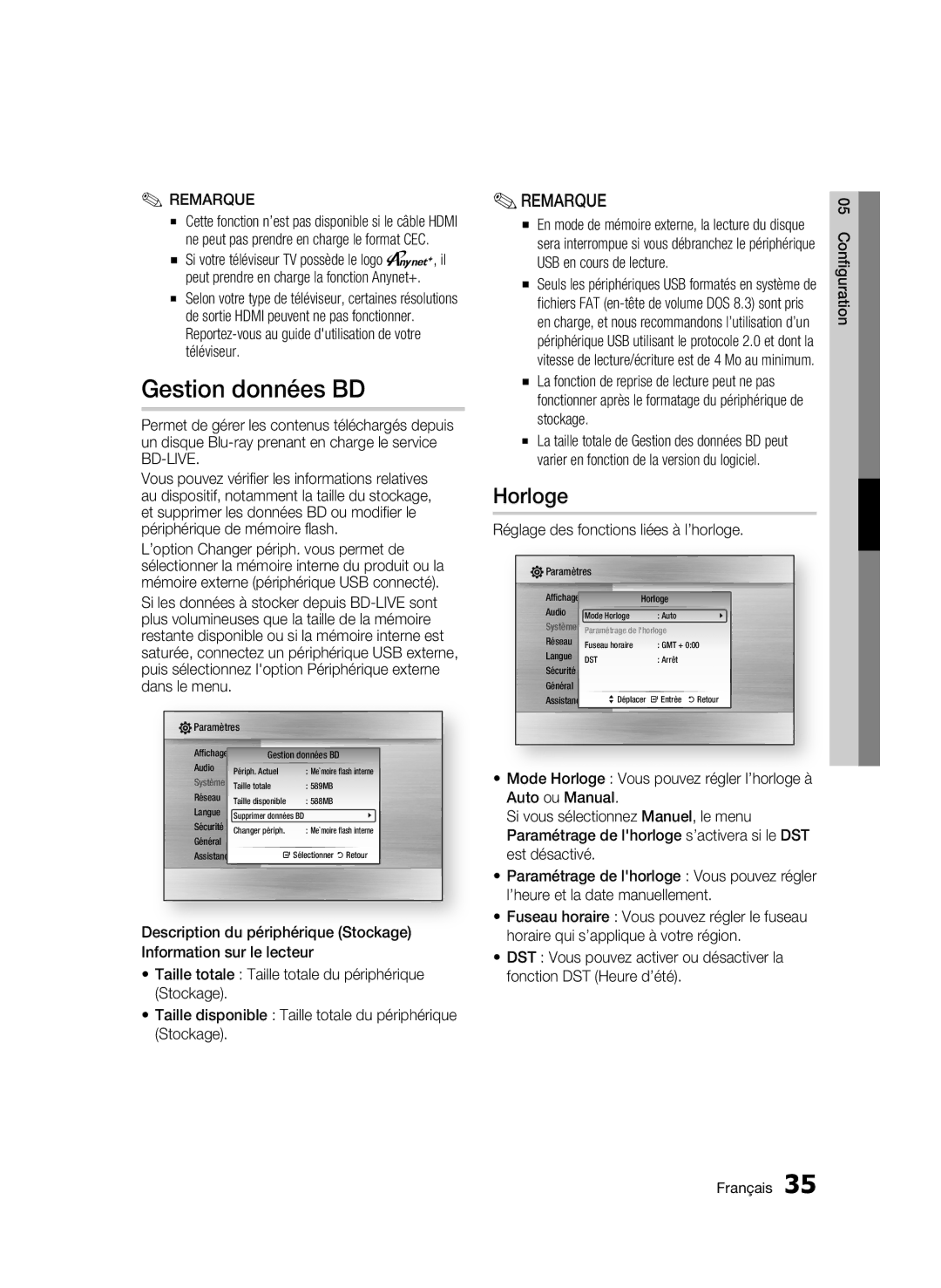 Samsung AK68-01942G-00 user manual Horloge, Réglage des fonctions liées à l’horloge 