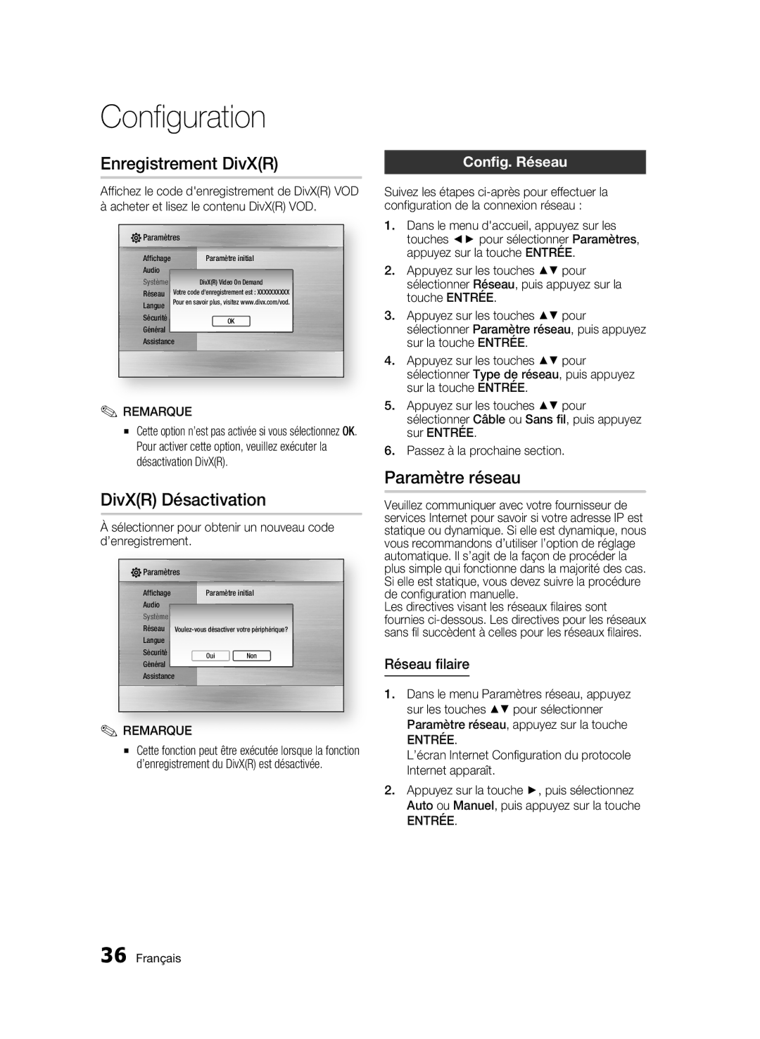 Samsung AK68-01942G-00 Enregistrement DivXR, DivXR Désactivation, Paramètre réseau, Config. Réseau, Réseau filaire 