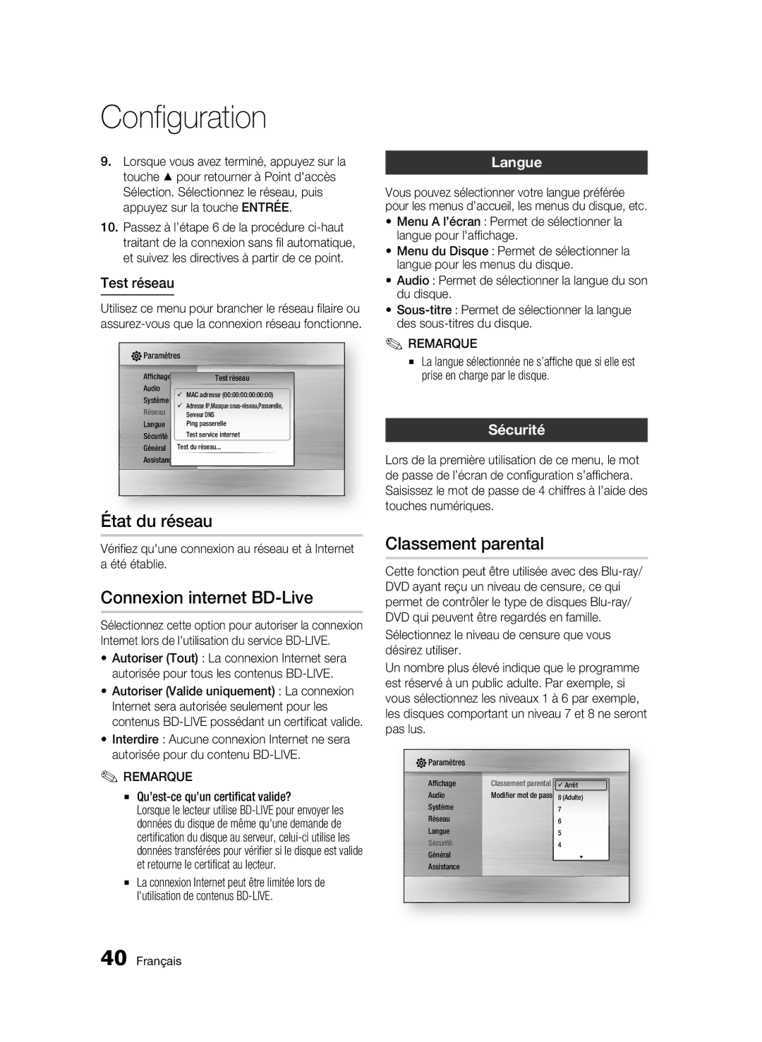 Samsung AK68-01942G-00 user manual État du réseau, Connexion internet BD-Live, Classement parental, Langue, Sécurité 