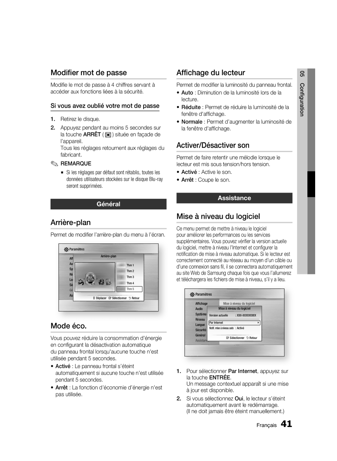 Samsung AK68-01942G-00 Modifier mot de passe, Arrière-plan, Mode éco, Affichage du lecteur, Activer/Désactiver son 