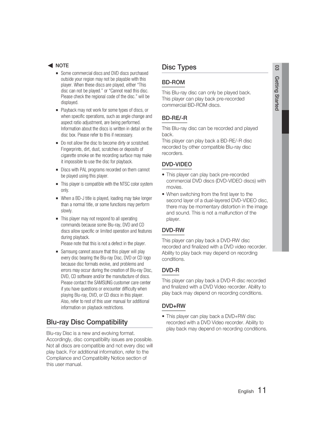 Samsung AK68-01942G-00 user manual Blu-ray Disc Compatibility Disc Types, Bd-Rom 