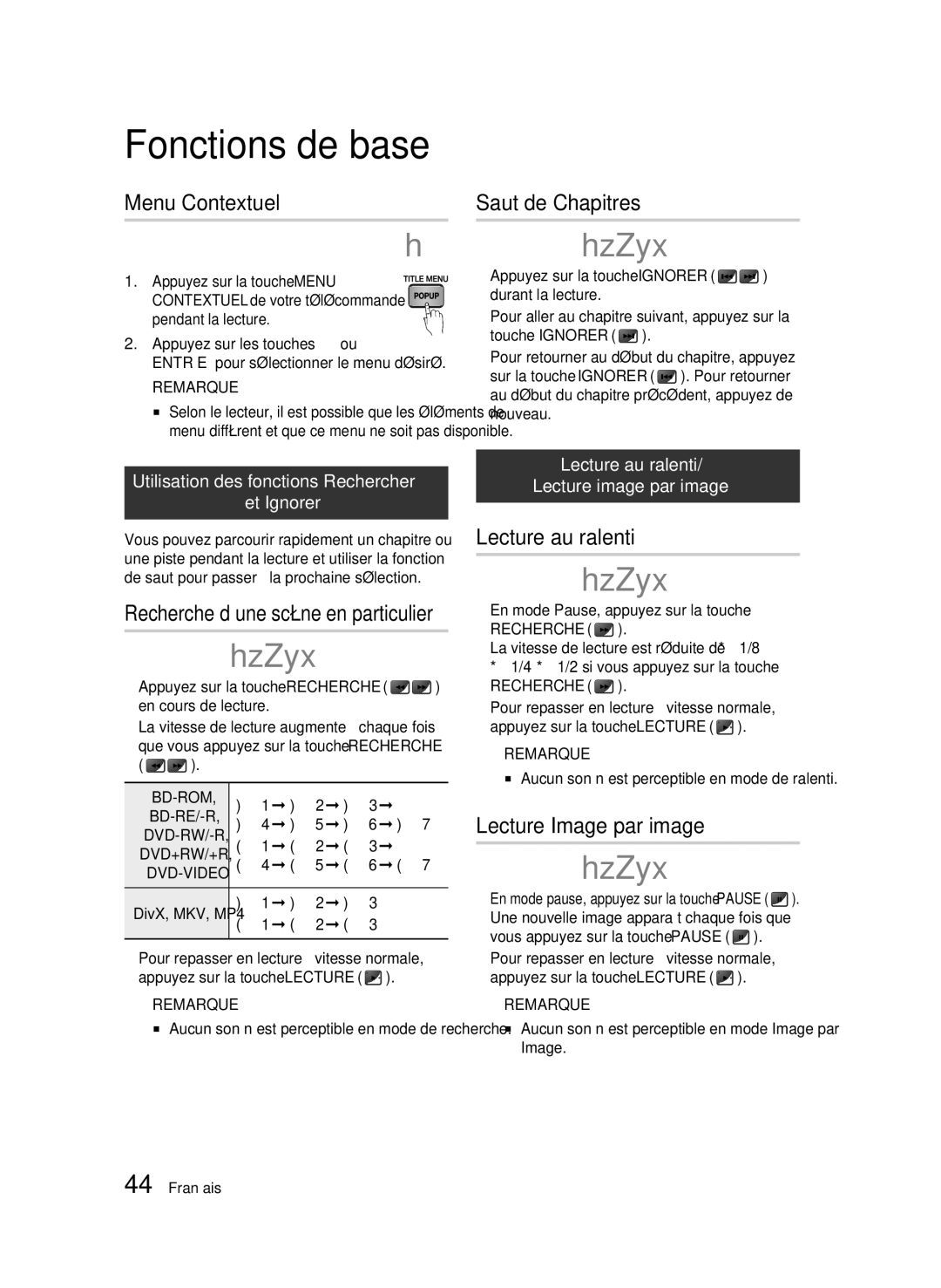 Samsung AK68-01942G-00 user manual Menu Contextuel, Saut de Chapitres, Lecture au ralenti, Lecture Image par image 