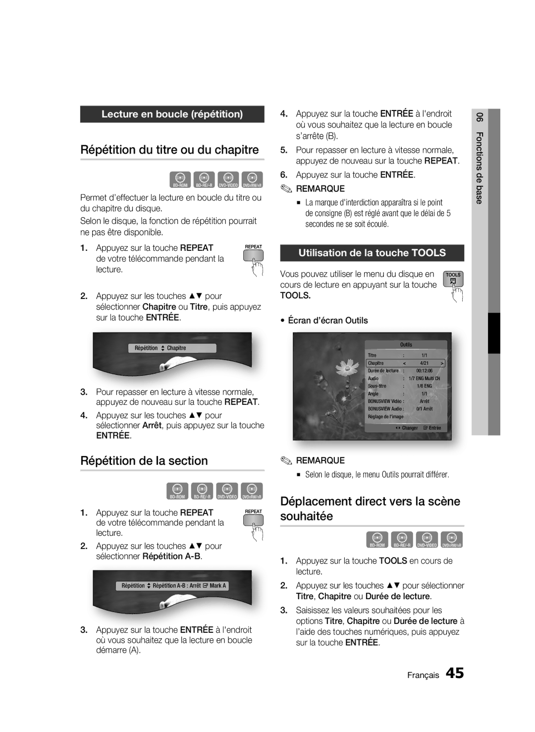 Samsung AK68-01942G-00 Répétition du titre ou du chapitre, Répétition de la section, Lecture en boucle répétition 