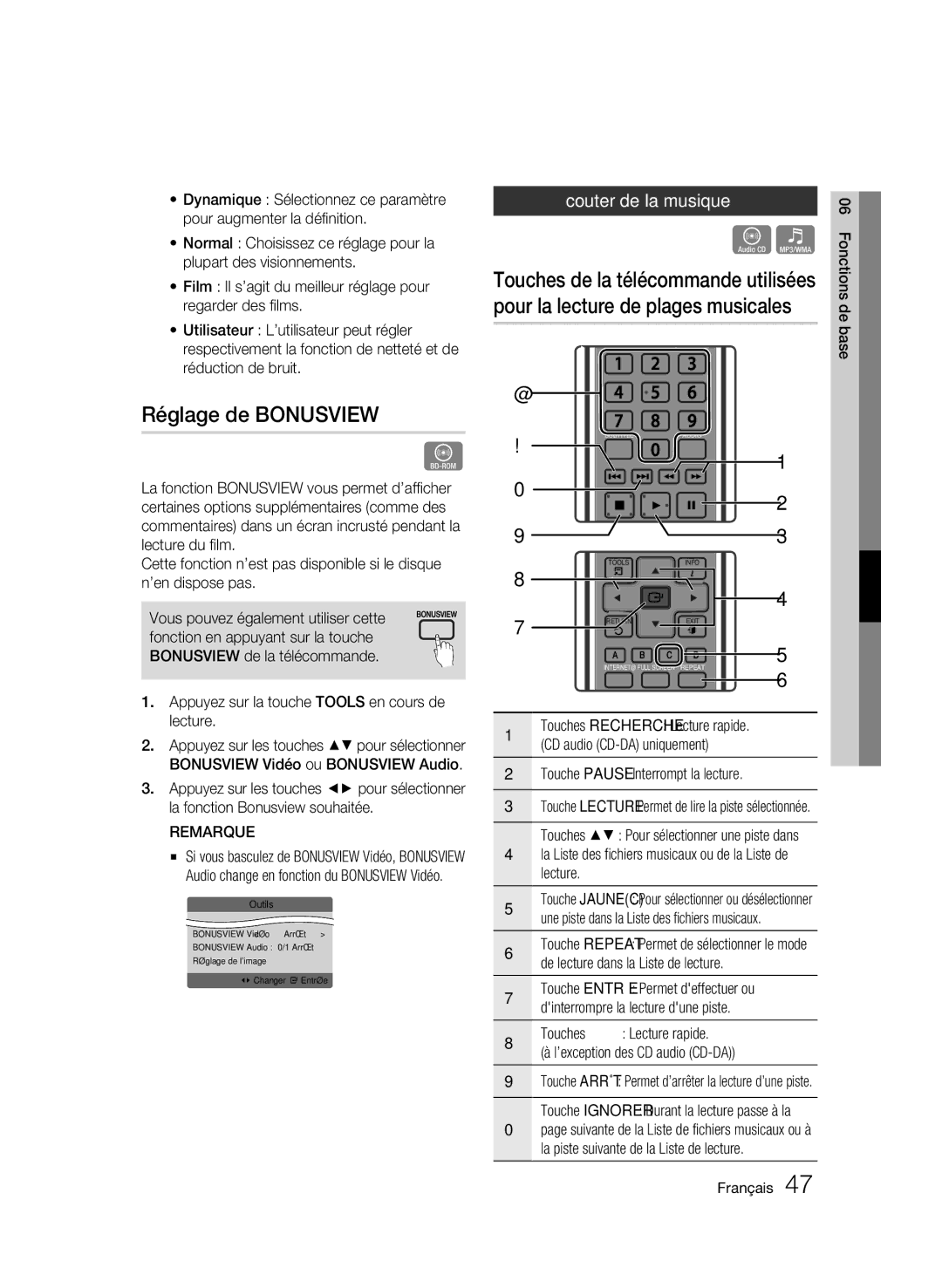 Samsung AK68-01942G-00 user manual Réglage de Bonusview, Écouter de la musique 