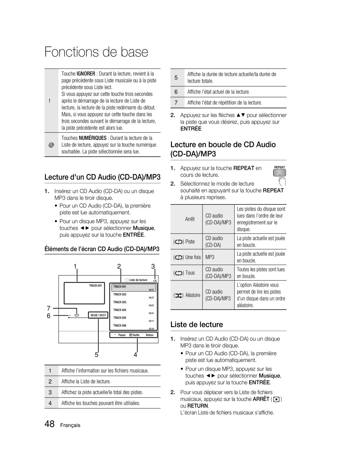 Samsung AK68-01942G-00 user manual Lecture en boucle de CD Audio CD-DA/MP3, Liste de lecture, Lecture totale 