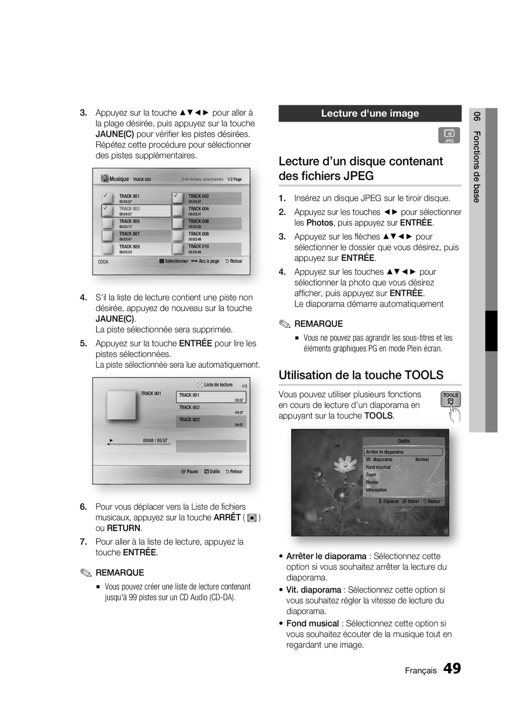 Samsung AK68-01942G-00 Lecture d’un disque contenant des fichiers Jpeg, Utilisation de la touche Tools, Lecture dune image 