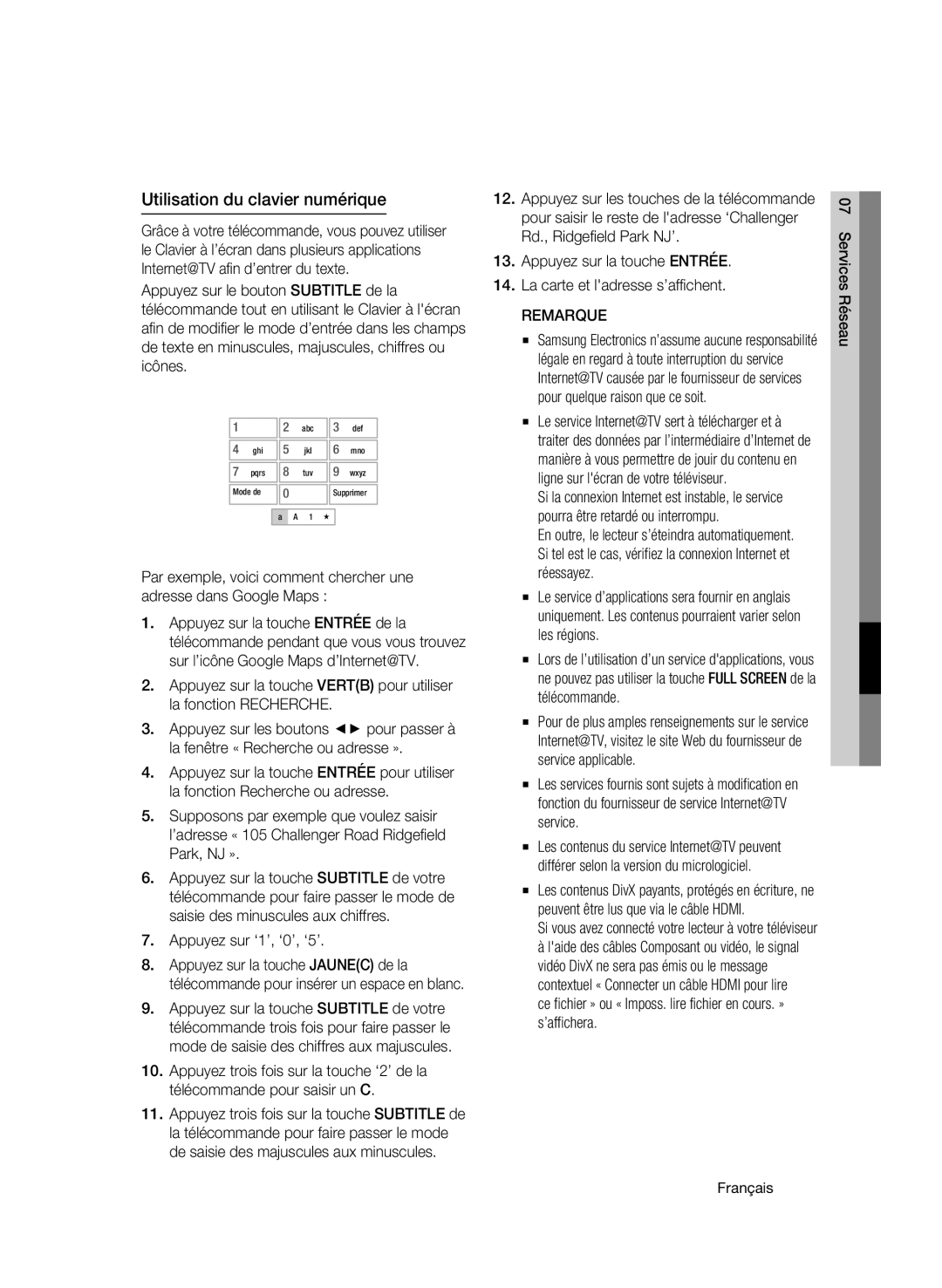 Samsung AK68-01942G-00 user manual Utilisation du clavier numérique, Appuyez sur ‘1’, ‘0’, ‘5’ 