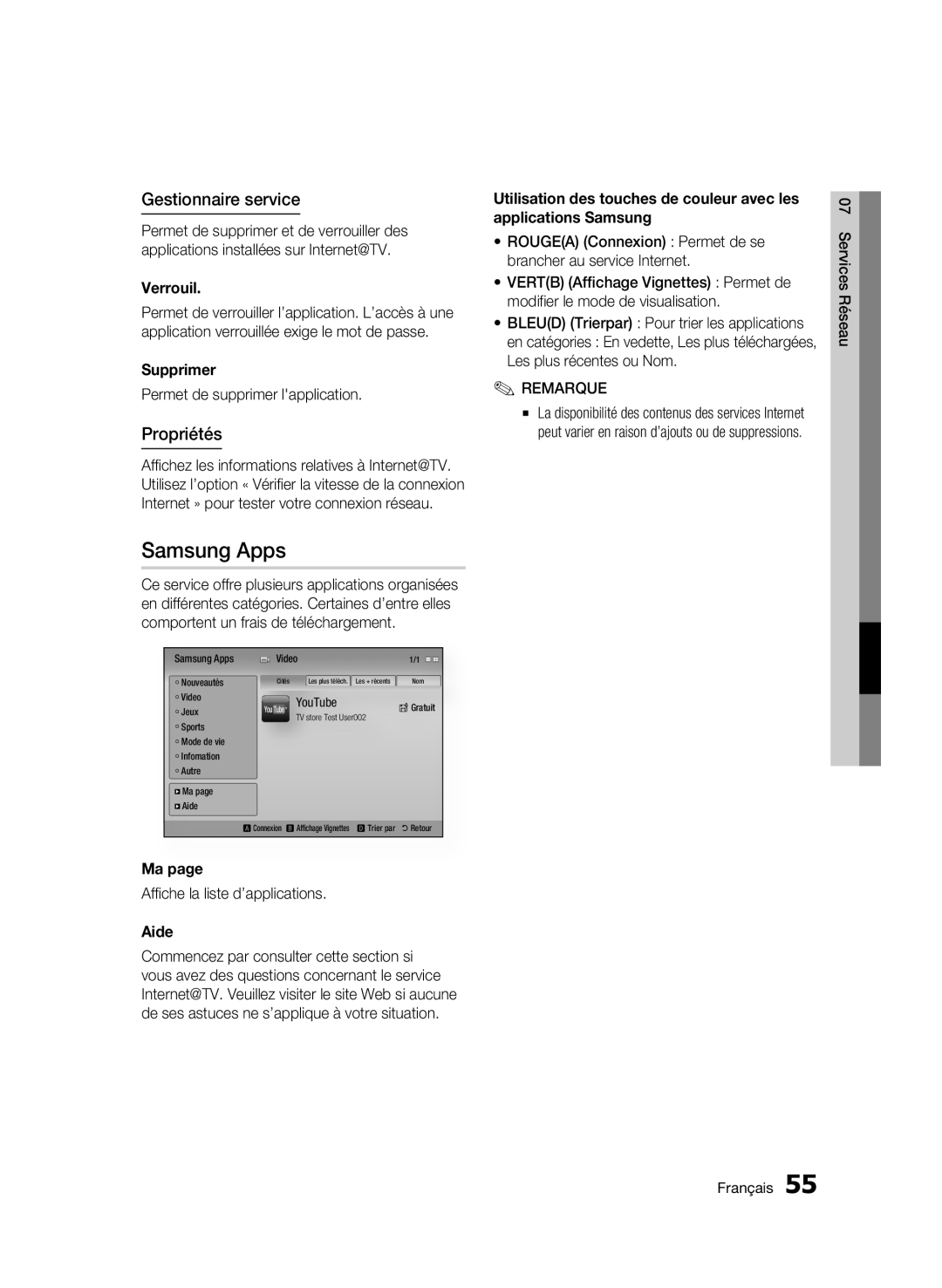 Samsung AK68-01942G-00 user manual Gestionnaire service, Propriétés, Verrouil, Supprimer, Aide 