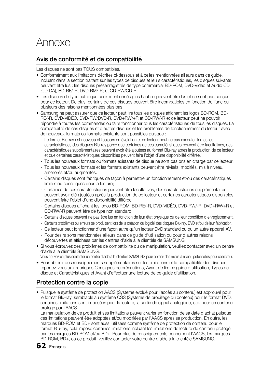 Samsung AK68-01942G-00 user manual Avis de conformité et de compatibilité, Protection contre la copie 