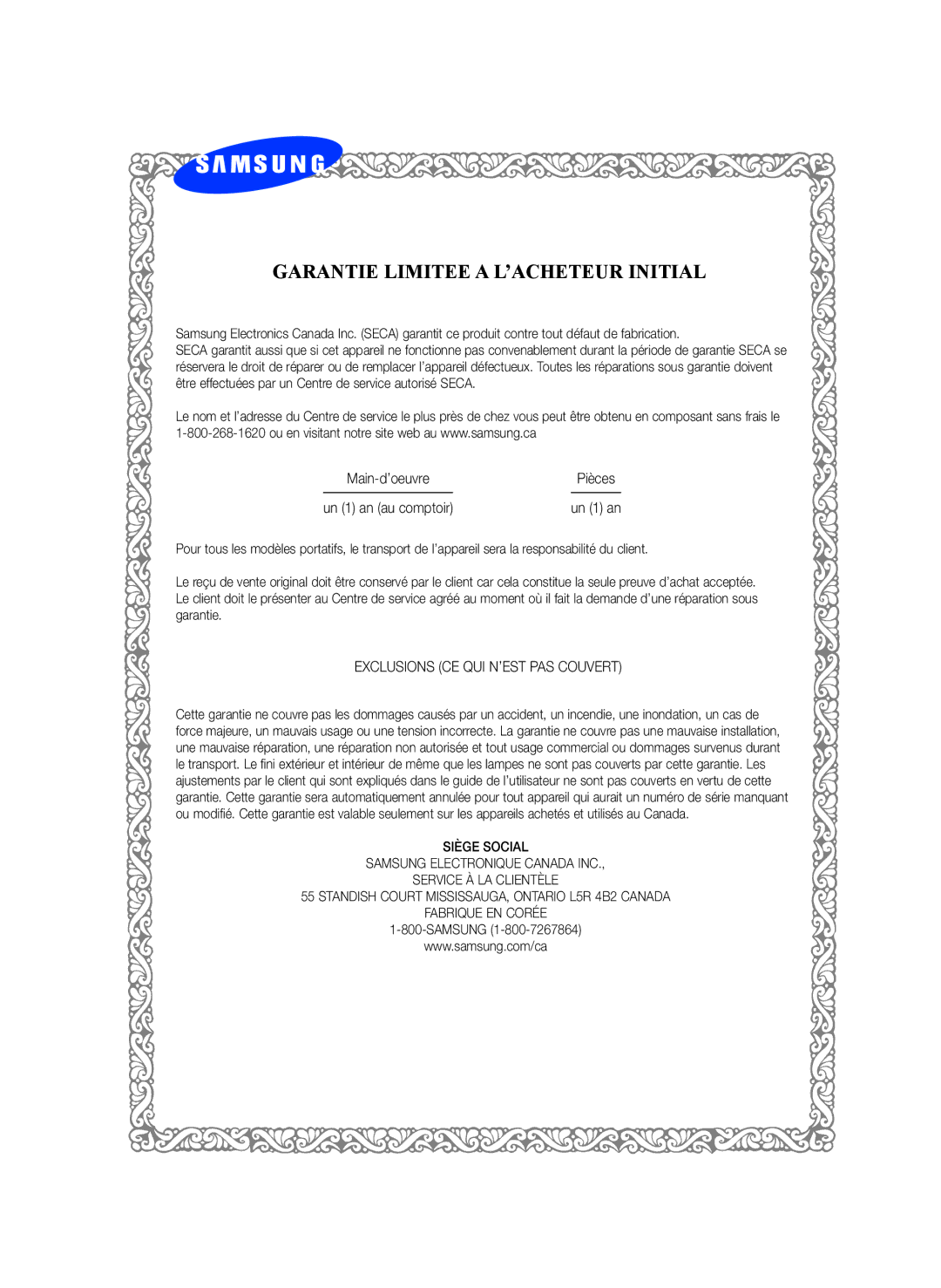 Samsung AK68-01942G-00 user manual Garantie Limitee a L’ACHETEUR Initial 