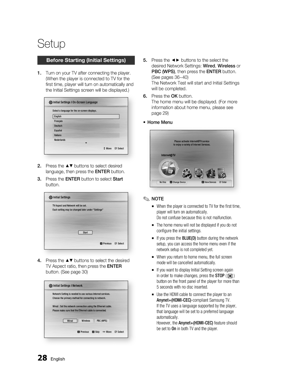 Samsung AK68-01942G-00 user manual Setup, Before Starting Initial Settings, Press the Enter button to select Start button 