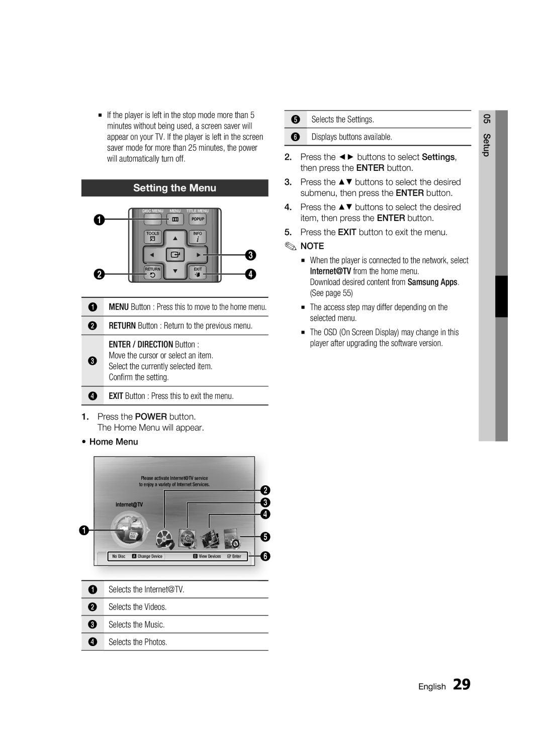 Samsung AK68-01942G-00 Setting the Menu, Move the cursor or select an item, Exit Button Press this to exit the menu 