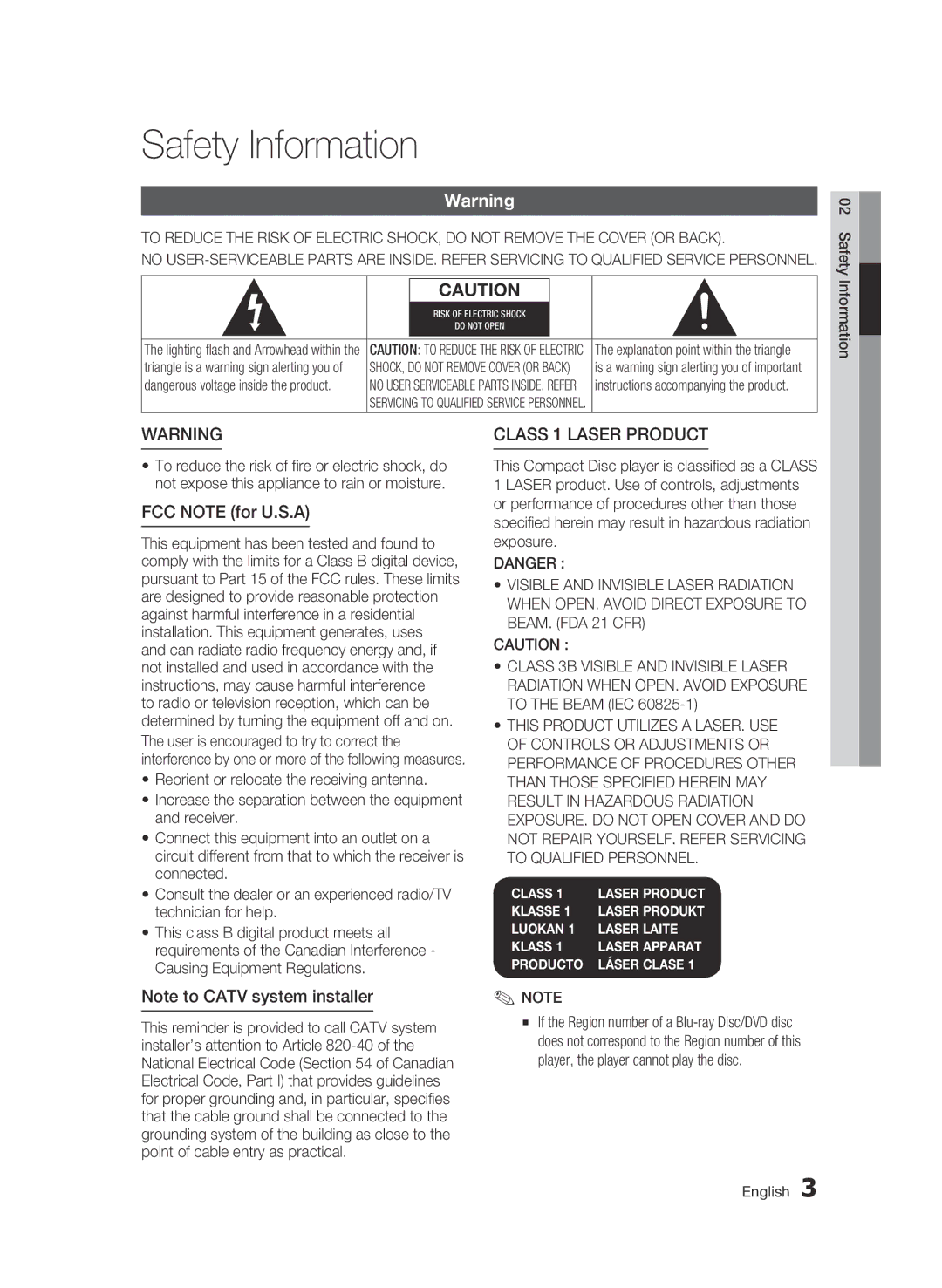 Samsung AK68-01942G-00 user manual Safety Information, FCC Note for U.S.A, Class 1 Laser product 