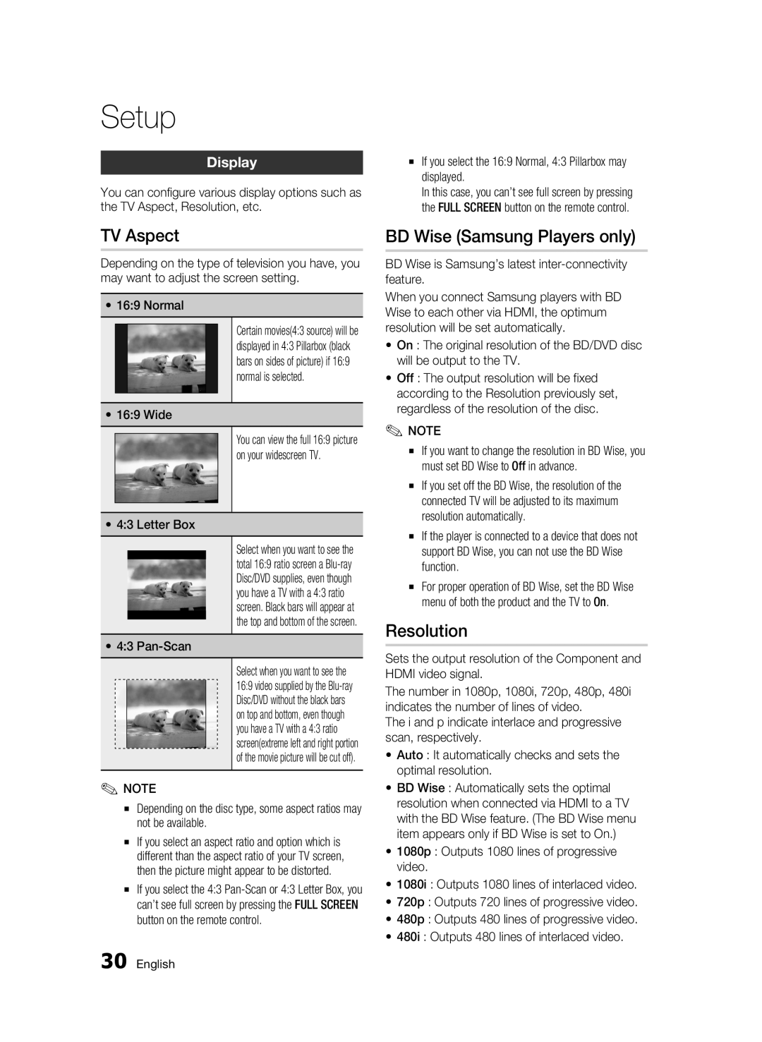 Samsung AK68-01942G-00 user manual TV Aspect, BD Wise Samsung Players only, Resolution, Display 