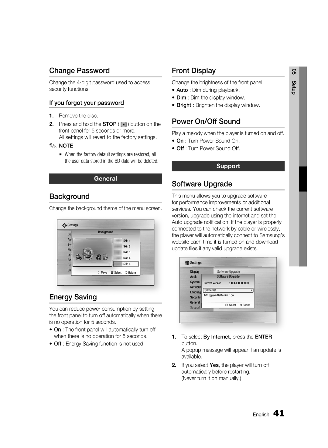 Samsung AK68-01942G-00 Change Password, Background, Energy Saving, Front Display, Power On/Off Sound, Software Upgrade 