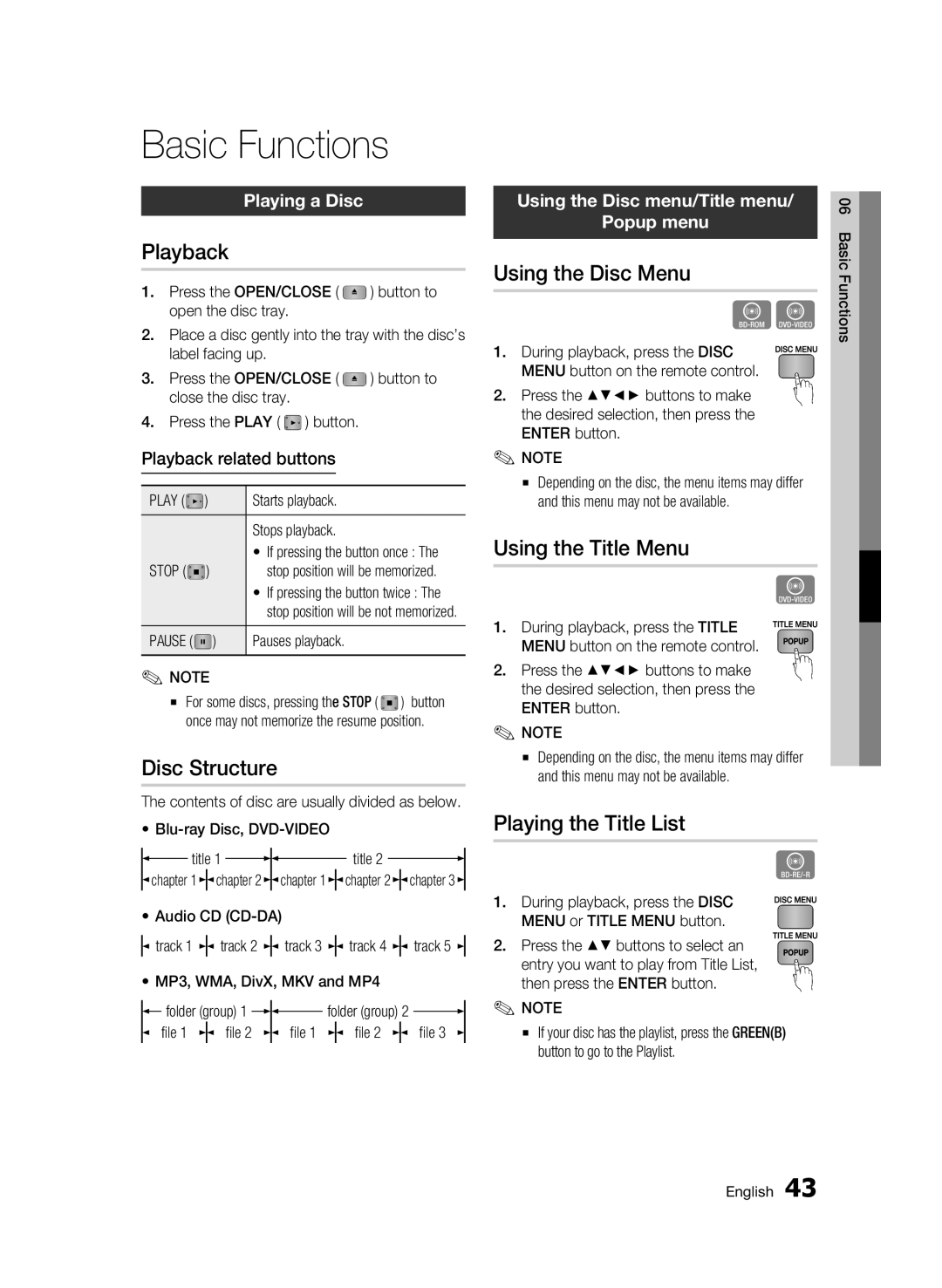 Samsung AK68-01942G-00 user manual Basic Functions 