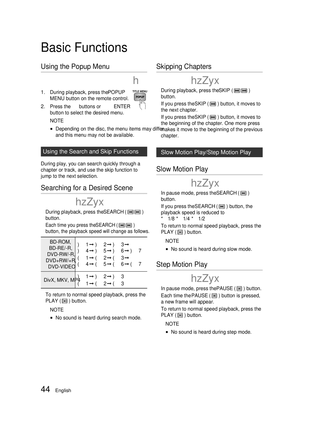 Samsung AK68-01942G-00 user manual Using the Popup Menu, Skipping Chapters, Searching for a Desired Scene, Slow Motion Play 