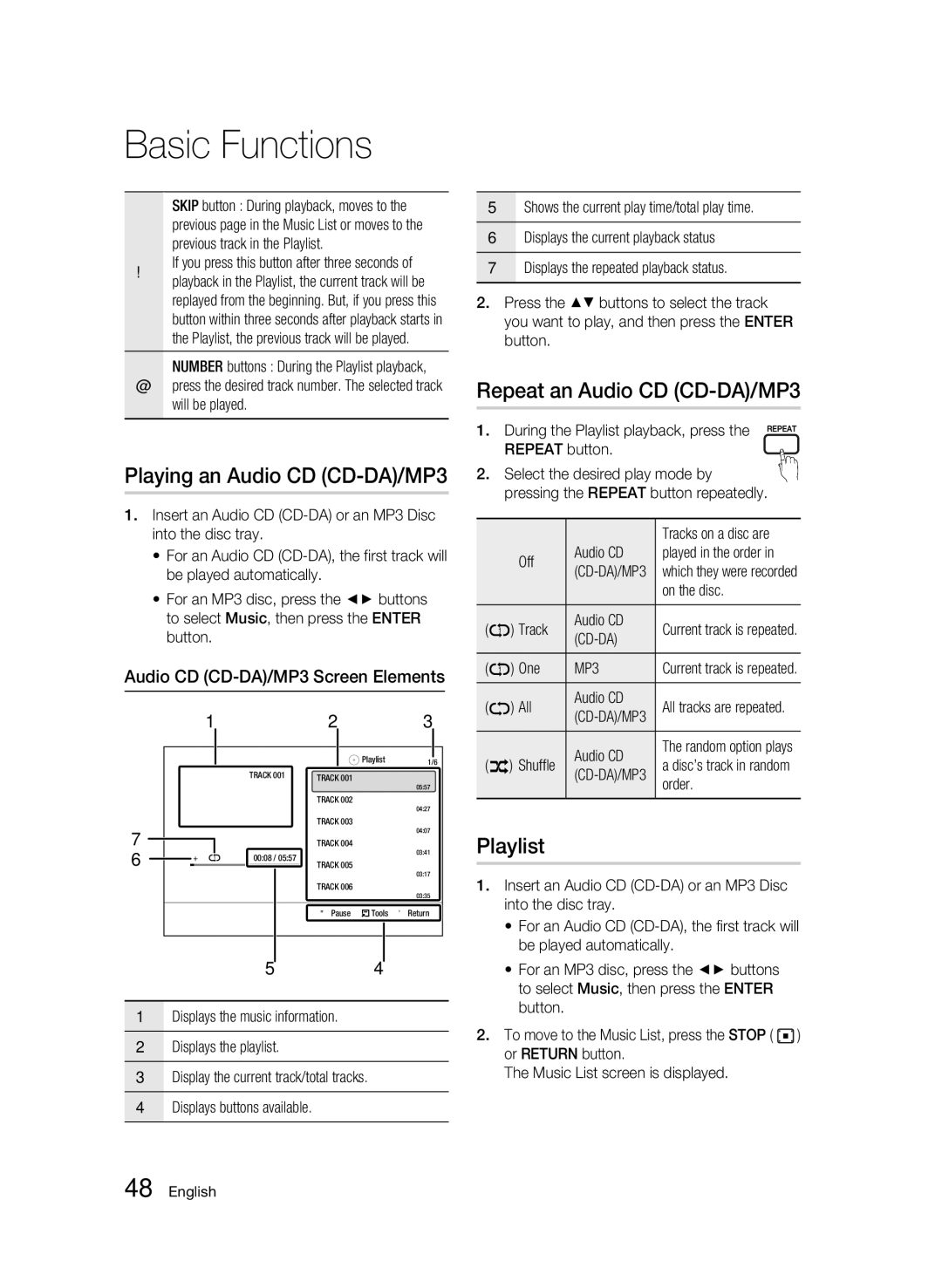 Samsung AK68-01942G-00 user manual Playing an Audio CD CD-DA/MP3, Repeat an Audio CD CD-DA/MP3, Playlist 