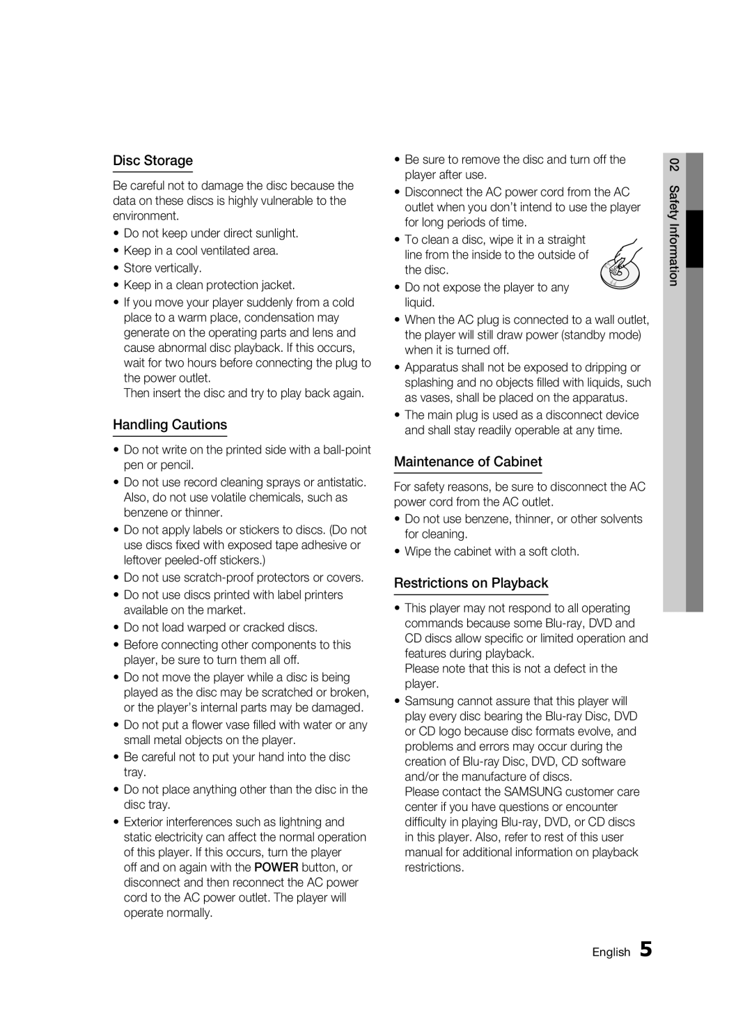 Samsung AK68-01942G-00 user manual Disc Storage, Handling Cautions, Maintenance of Cabinet, Restrictions on Playback 