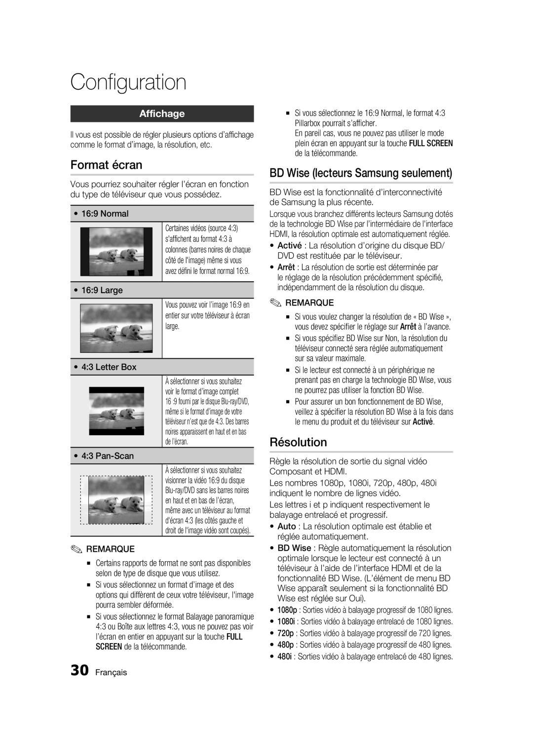 Samsung AK68-01942G-00 user manual Format écran, BD Wise lecteurs Samsung seulement, Résolution, Affichage, Large 