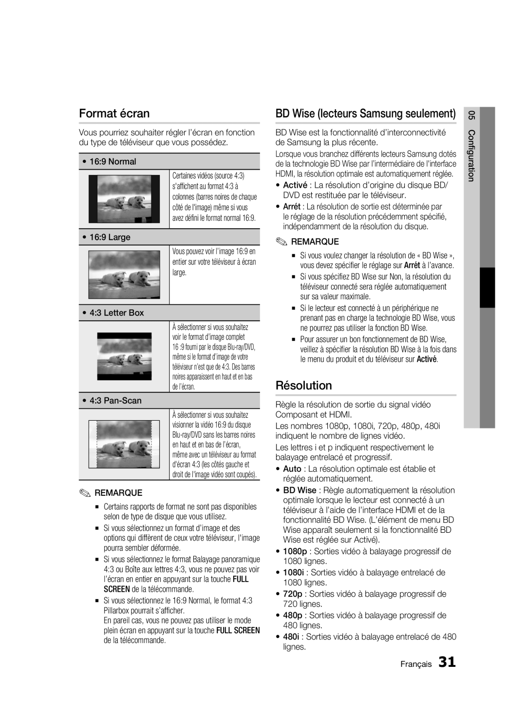 Samsung AK68-01963B-00 user manual Format écran, Résolution, Large 