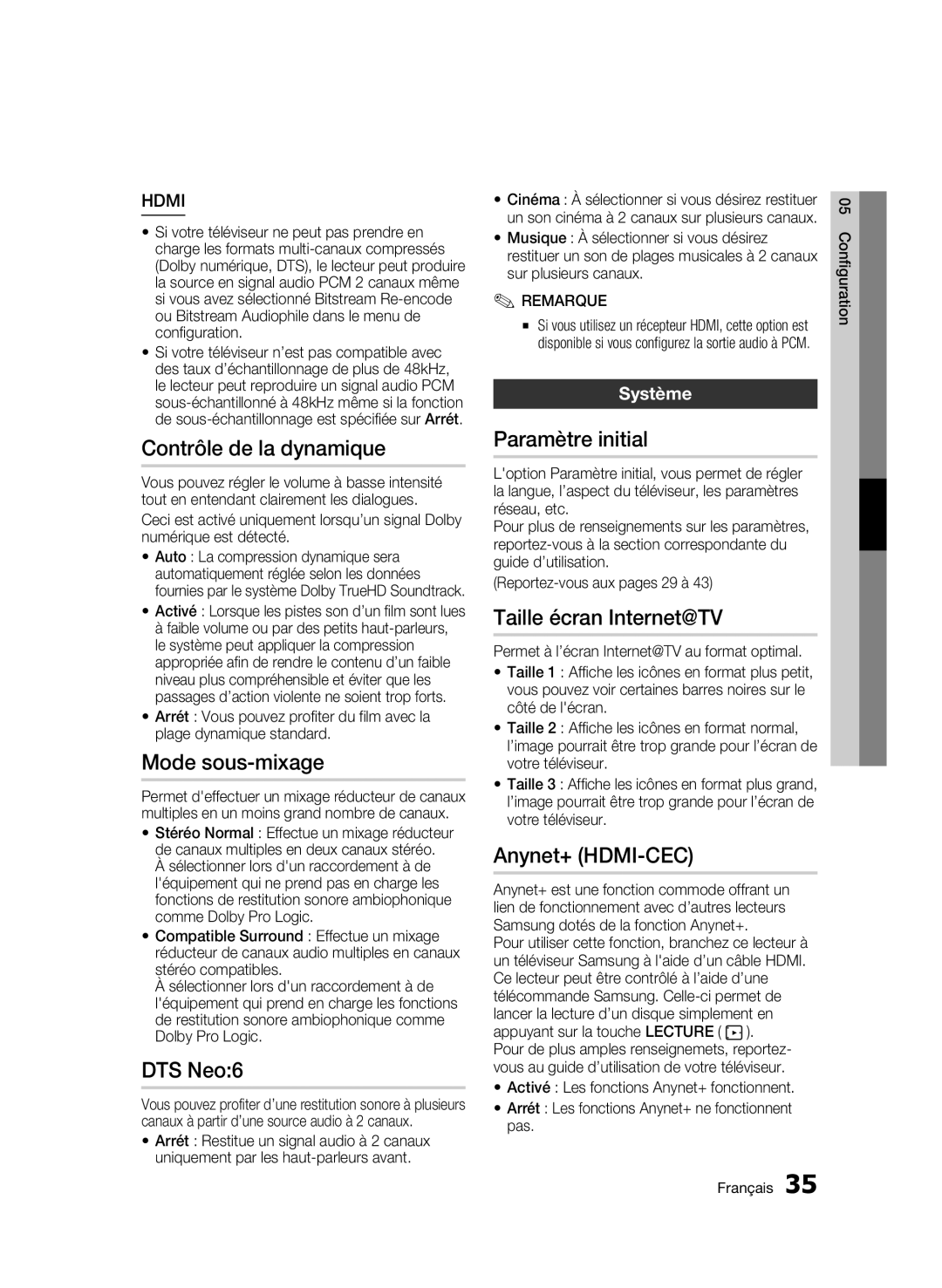 Samsung AK68-01963B-00 user manual Contrôle de la dynamique, Mode sous-mixage, Paramètre initial, Taille écran Internet@TV 