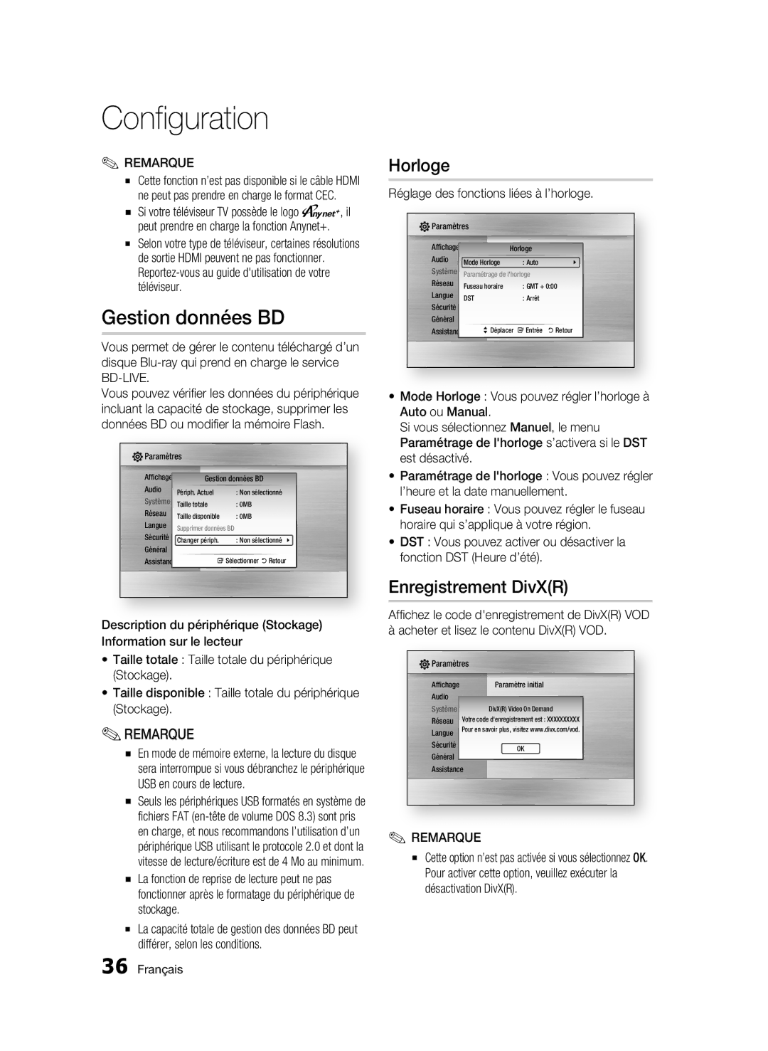 Samsung AK68-01963B-00 user manual Horloge, Enregistrement DivXR, Réglage des fonctions liées à l’horloge 