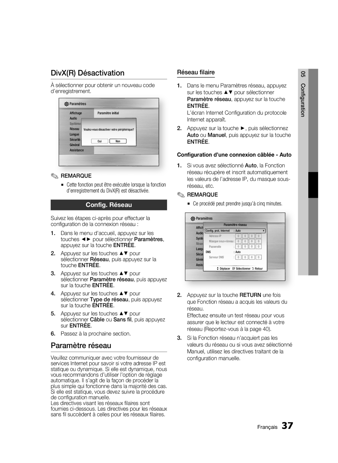 Samsung AK68-01963B-00 user manual DivXR Désactivation, Paramètre réseau, Config. Réseau, Réseau filaire 