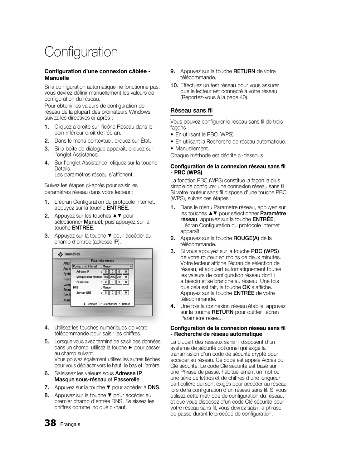 Samsung AK68-01963B-00 user manual Réseau sans fil, Configuration d’une connexion câblée Manuelle 