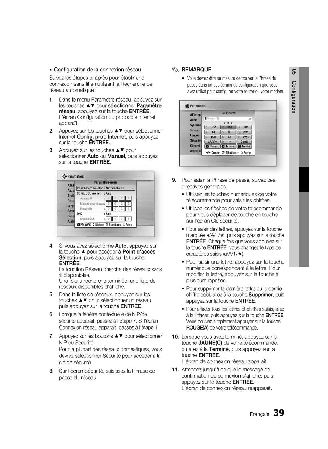 Samsung AK68-01963B-00 ’écran Configuration du protocole Internet apparaît, ’écran de connexion réseau réapparaît 