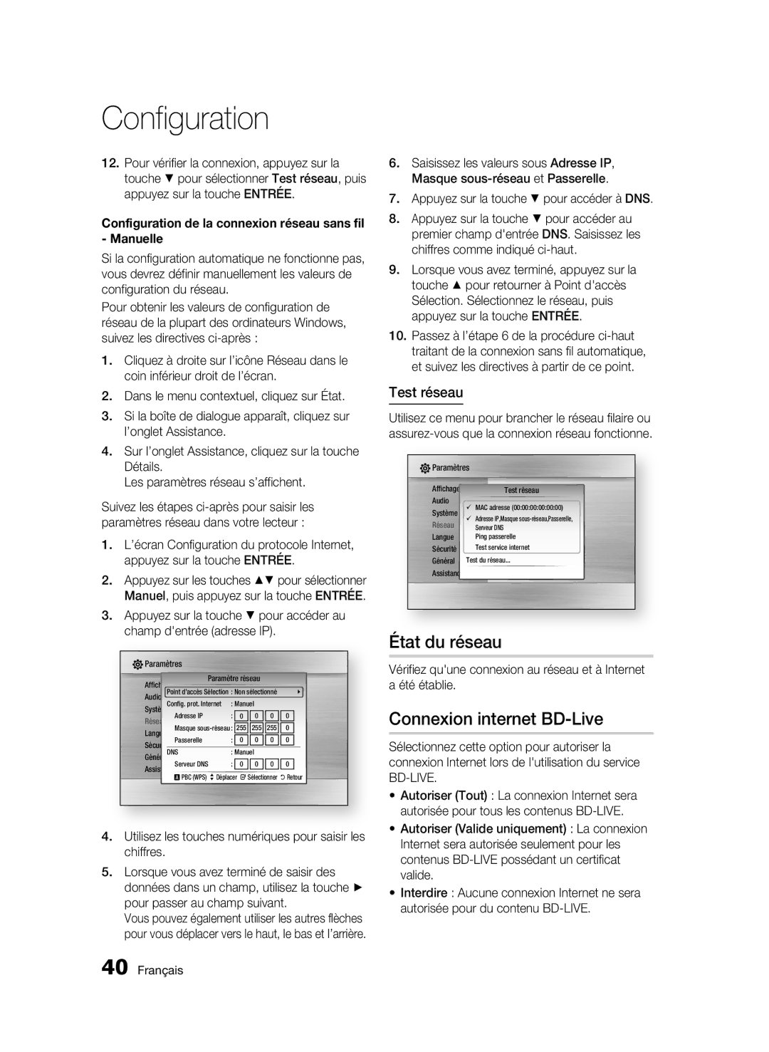 Samsung 01963B État du réseau, Connexion internet BD-Live, Test réseau, Appuyez sur la touche pour accéder à DNS 