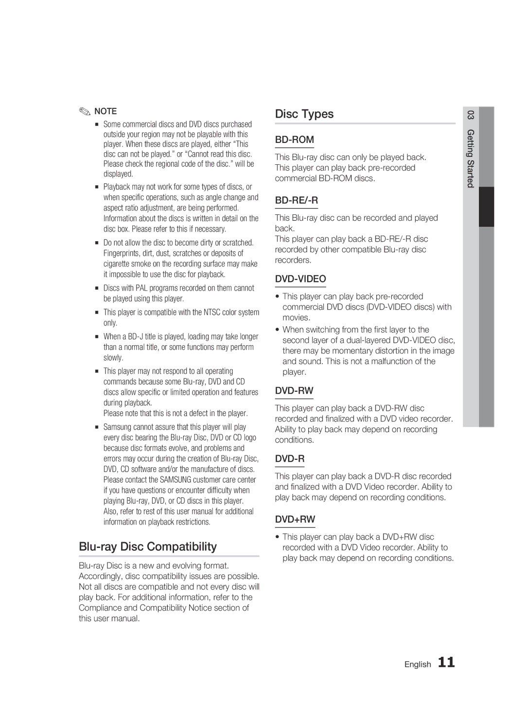 Samsung AK68-01963B-00 user manual Blu-ray Disc Compatibility Disc Types, Bd-Rom 