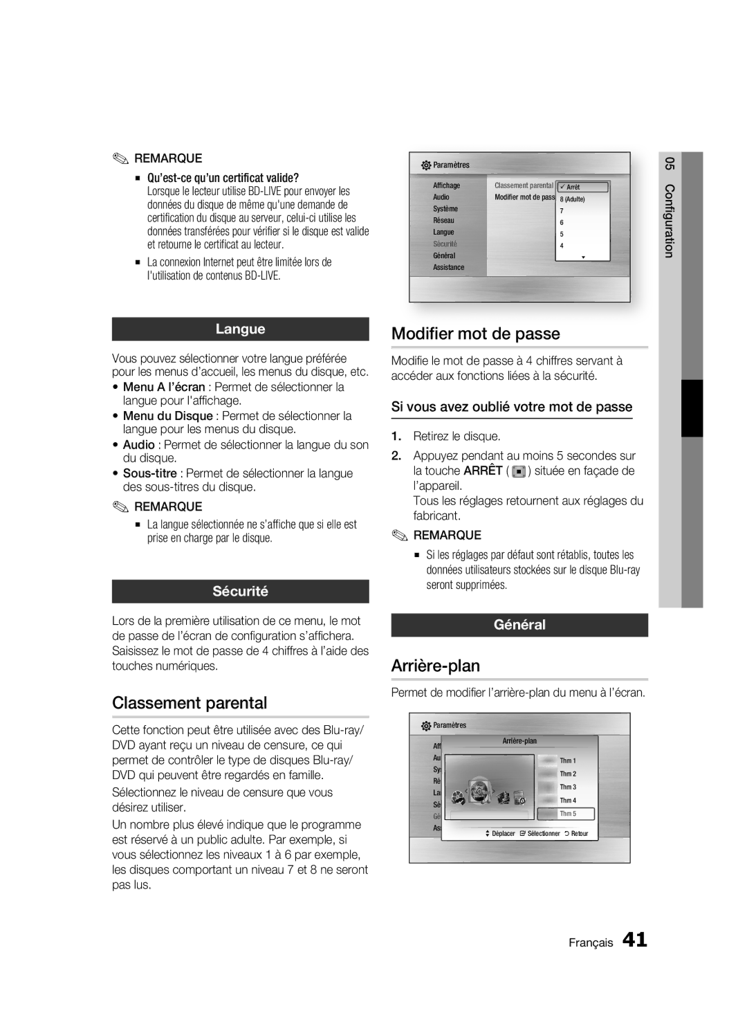 Samsung AK68-01963B-00 user manual Modifier mot de passe, Arrière-plan, Classement parental 