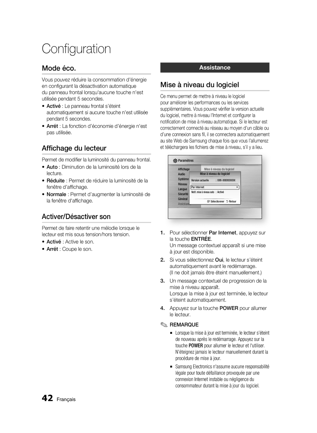 Samsung 01963B user manual Mode éco, Affichage du lecteur, Activer/Désactiver son, Mise à niveau du logiciel, Assistance 